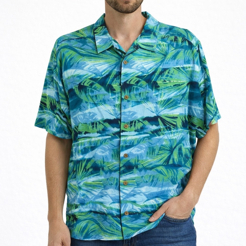 Cubavera Hawaiian Shirt Mens Short Sleeve Tropical Palm Blue Green